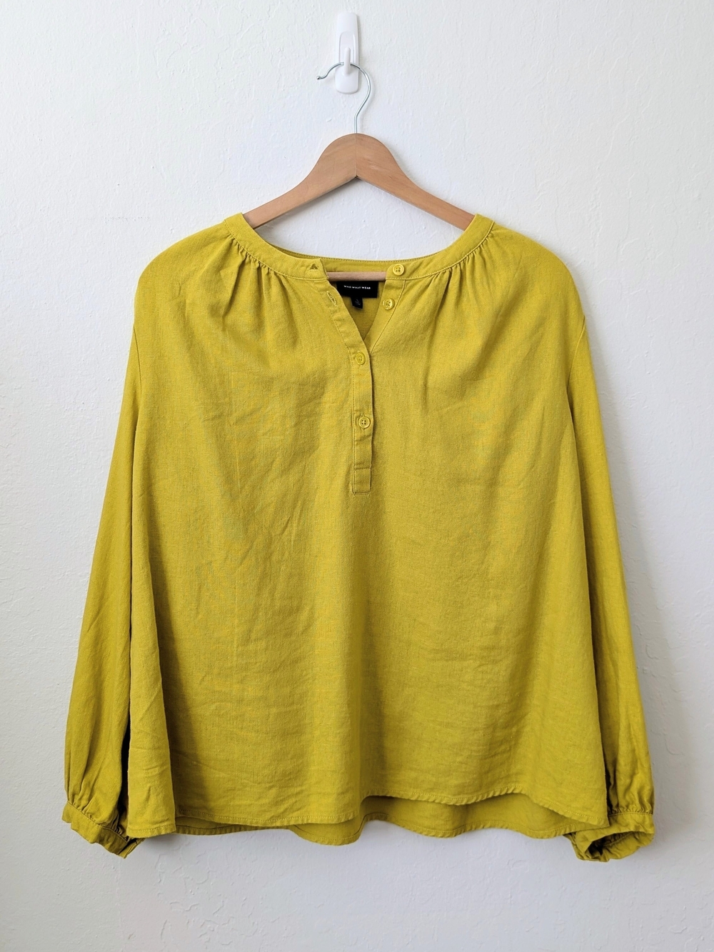 Who What Wear Chartreuse Button-Neck Peasant Blouse Size Large